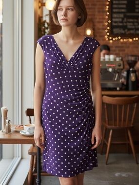 Lauren Ralph Lauren 10 Purple Beige Polka Dot V-Neck Ruched Midi Body Con Dress
